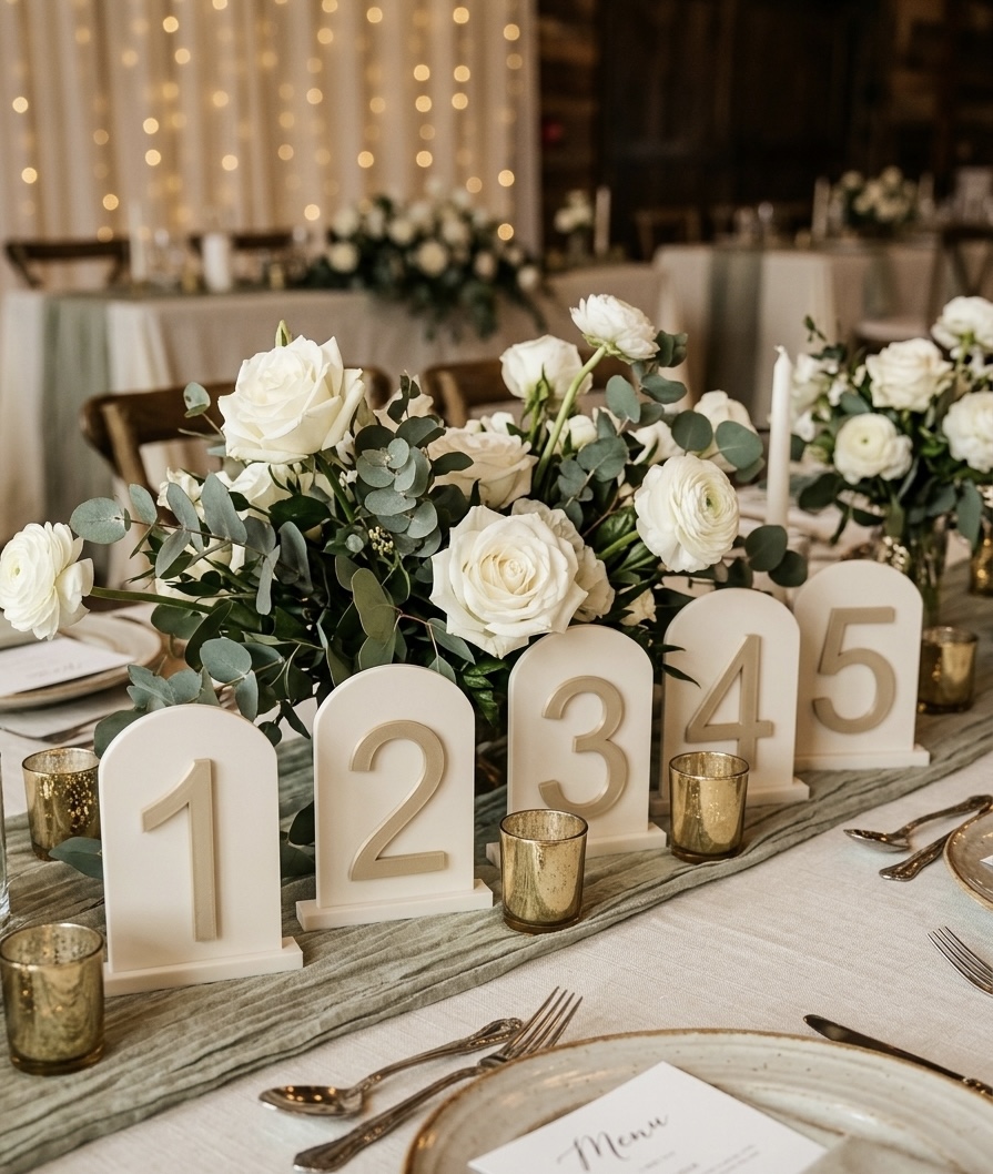 Tischnummern mieten Hochzeit – Bogen-Design Creme/Gold